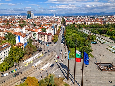 View of Vitosha Boulevard and neighbourhood in historic city centre of Sofia, Bulgaria. It is the main commercial street with stores, restaurants and bars
