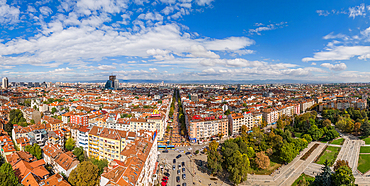 Aerial drone panoramic view of Vitosha Boulevard and neighbourhood in historic city centre of Sofia, Bulgaria. It is the main commercial street with stores, restaurants and bars