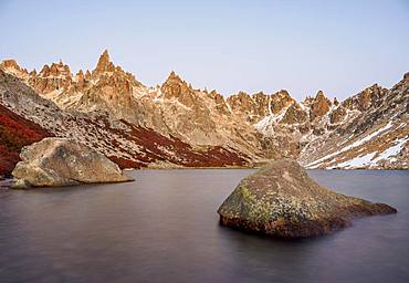 Toncek Lagoon and Cerro Catedral at dawn, Nahuel Huapi National Park, Rio Negro Province, Argentina, South America