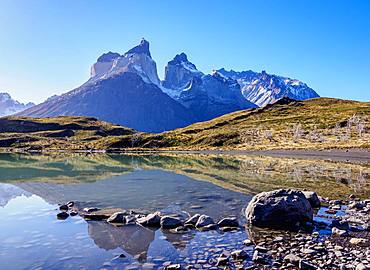 Cuernos del Paine reflecting in Nordenskjold Lake, Torres del Paine National Park, Patagonia, Chile, South America