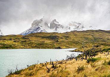 View over Lake Pehoe towards Cuernos del Paine, Torres del Paine National Park, Patagonia, Chile, South America