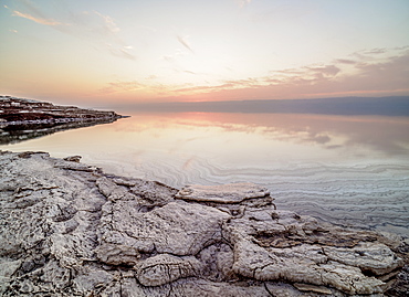 Salt formations on the shore of the Dead Sea at dusk, Karak Governorate, Jordan, Middle East