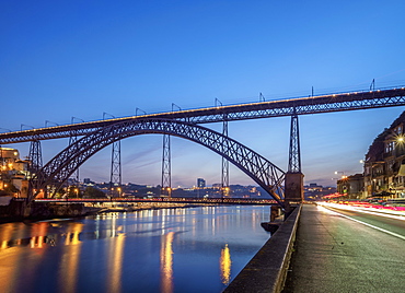 Dom Luis I Bridge and Douro River at dusk, Porto, Portugal, Europe