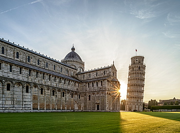 Cathedral and Leaning Tower at sunrise, Piazza dei Miracoli, UNESCO World Heritage Site, Pisa, Tuscany, Italy, Europe