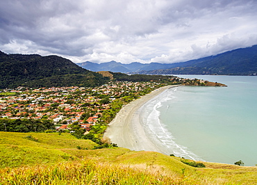 Elevated view of the Praia Barequecaba with Ilhabela Island in the background, State of Sao Paulo, Brazil, South America