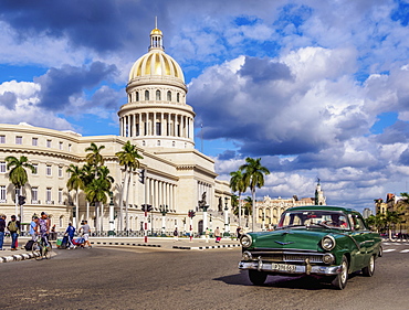 Vintage car at Paseo del Prado and El Capitolio, Havana, La Habana Province, Cuba, West Indies, Central America