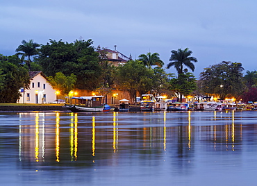 Twilight view over the River Pereque Acu towards the Nossa Senhora dos Remedios Church, Paraty, State of Rio de Janeiro, Brazil, South America