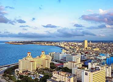 View over Vedado towards Hotel Nacional and El Malecon, Havana, La Habana Province, Cuba, West Indies, Central America