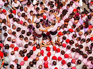 Castell human tower in front of the City Hall during the Festa Major Festival, elevated view, Terrassa, Catalonia, Spain, Europe