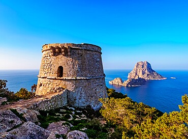 Torre des Savinar and Es Vedra Island, Ibiza, Balearic Islands, Spain, Mediterranean, Europe