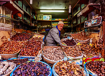 Dried fruits market stall in the Old Medina of Fes, Fez-Meknes Region, Morocco, North Africa, Africa