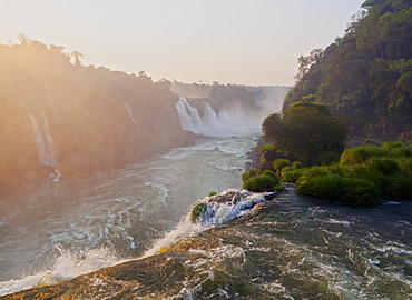 View of the Iguazu Falls at sunset, UNESCO World Heritage Site, Foz do Iguacu, State of Parana, Brazil, South America