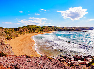 Platja de Cavalleria (Cavalleria Beach), elevated view, Menorca (Minorca), Balearic Islands, Spain, Mediterranean, Europe