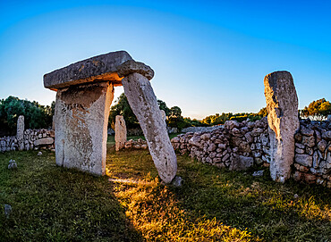 Taula at sunset, Talati de Dalt archaeological site, Menorca (Minorca), Balearic Islands, Spain, Mediterranean, Europe