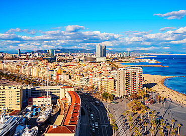 Cityscape with the coastline and Barceloneta Beach, elevated view, Barcelona, Catalonia, Spain, Europe