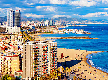 Cityscape with the coastline and Barceloneta Beach, elevated view, Barcelona, Catalonia, Spain, Europe