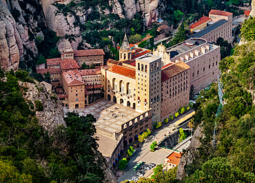 Santa Maria de Montserrat Abbey, elevated view, Montserrat mountain range near Barcelona, Catalonia, Spain, Europe