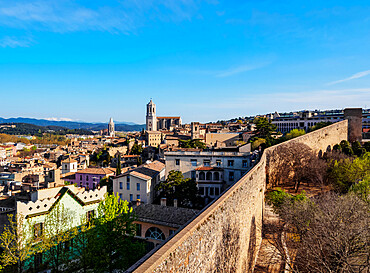 Old Town Skyline including the cathedral seen from the city walls, Girona (Gerona), Catalonia, Spain, Europe