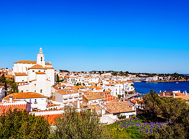 Townscape with Santa Maria Church, Cadaques, Cap de Creus Peninsula, Catalonia, Spain, Europe