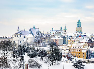 Old Town skyline featuring Dominican Priory, Cathedral and Trinitarian Tower, winter, Lublin, Lublin Voivodeship, Poland, Europe