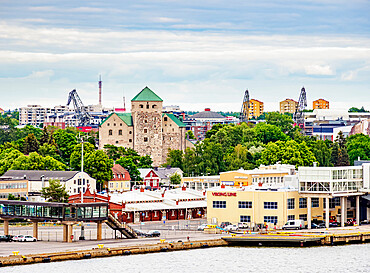 View over the Harbour towards the Castle, elevated view, Turku, Finland, Europe