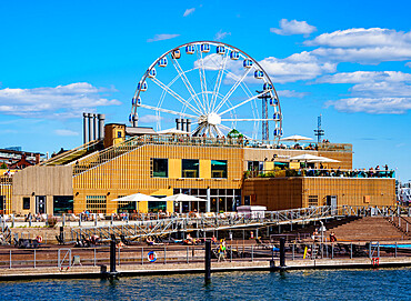 View over South Harbour towards Allas Sea Pool and Restaurand and SkyWheel Ferris Wheel, Helsinki, Uusimaa County, Finland, Europe