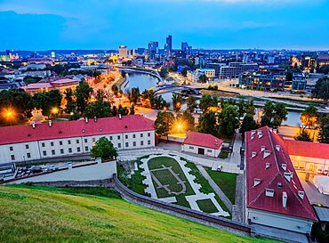 View over Neris River towards Snipiskes, New City Centre, dusk, Vilnius, Lithuania