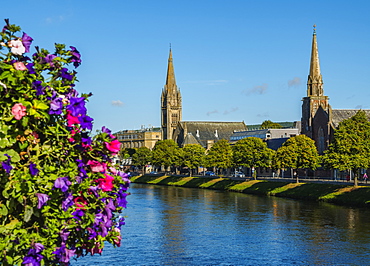 View over the River Ness towards the St. Columba and Free North Churches, Inverness, Highlands, Scotland, United Kingdom, Europe