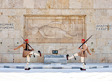 Changing of the Guard in front of the Monument to the Unknown Soldier, Syntagma Square, Athens, Attica, Greece, Europe