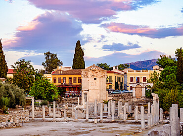 Tower of the Winds (Horologion of Andronikos Kyrrhestes) at sunset, Roman Forum, Athens, Attica, Greece, Europe