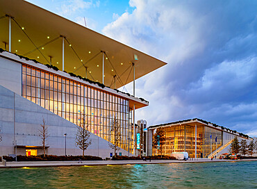 Stavros Niarchos Foundation Cultural Center at dusk, Athens, Attica, Greece, Europe