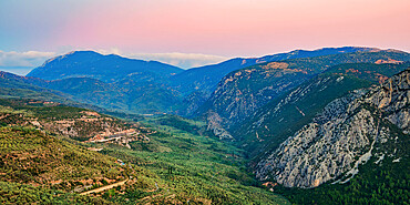 Landscape of the Pleistos River Valley at dusk, Delphi, Phocis, Greece, Europe