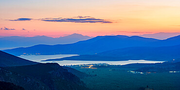 View over the Pleistos River Valley towards the Gulf of Corinth at dusk, Delphi, Phocis, Greece, Europe