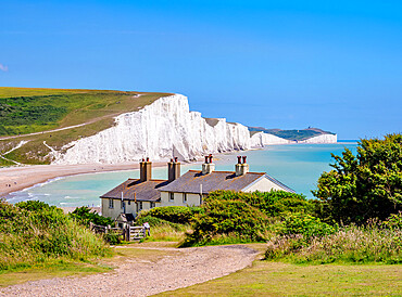 Coastguard Cottage and Seven Sisters Cliffs, Cuckmere Haven, East Sussex, England, United Kingdom