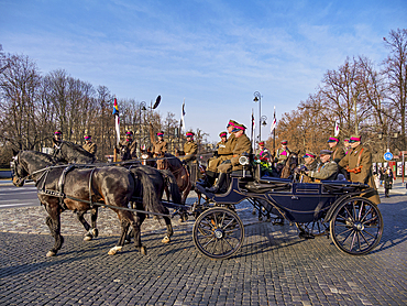 Actor as Jozef Pilsudski in a carriage, National Independence Day Horse Parade, Lazienki Park (Royal Baths Park), Warsaw, Masovian Voivodeship, Poland, Europe