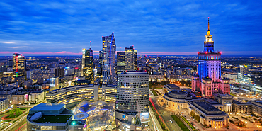 Palace of Culture and Science and City Centre Skyline at dusk, elevated view, Warsaw, Masovian Voivodeship, Poland, Europe