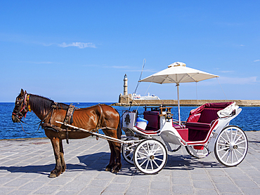 Horse-drawn Carriage at the waterfront, City of Chania, Crete, Greek Islands, Greece, Europe