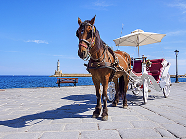 Horse-drawn Carriage at the waterfront, City of Chania, Crete, Greek Islands, Greece, Europe