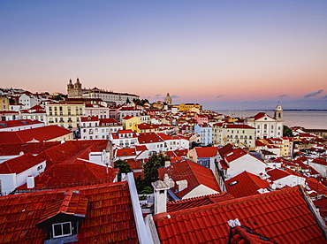 Miradouro das Portas do Sol, view over Alfama Neighbourhood at sunset, Lisbon, Portugal, Europe