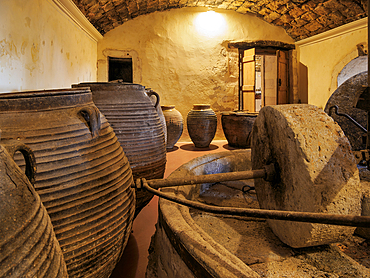 Agia Triada Monastery Wine Cellar, interior, Akrotiri Peninsula, Chania Region, Crete, Greek Islands, Greece, Europe