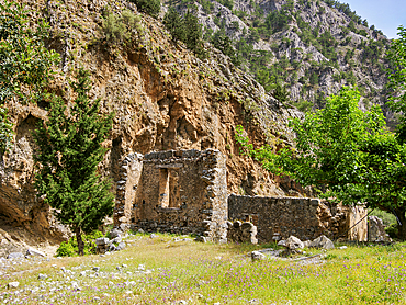 Architecture of Palea Agia Roumeli, southern way out of the Samaria Gorge, Chania Region, Crete, Greek Islands, Greece, Europe