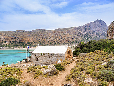 Chapel of All Saints at Cape Tigani, Balos Lagoon, Gramvousa Peninsula, Chania Region, Crete, Greek Islands, Greece, Europe