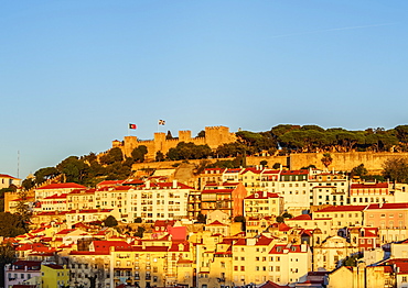 Miradouro de Santa Justa, view towards the Sao Jorge Castle, Lisbon, Portugal, Europe