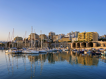 Venetian Dockyards at the Old Port, sunrise, City of Heraklion, Crete, Greek Islands, Greece, Europe