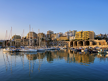 Venetian Dockyards at the Old Port, sunrise, City of Heraklion, Greek Islands, Greece, Europe