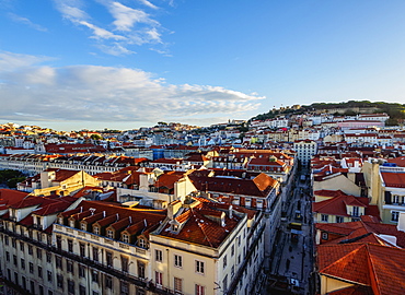 Miradouro de Santa Justa, view over downtown and Santa Justa Street towards the castle hill, Lisbon, Portugal, Europe