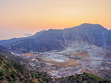 Stefanos Volcano Crater at dusk, elevated view, Nisyros Island, Dodecanese, Greek Islands, Greece, Europe