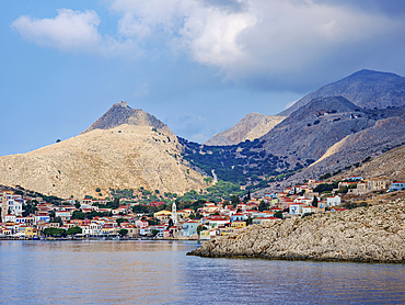 View towards Chalki Village, Emporio, Halki Island, Dodecanese, Greek Islands, Greece, Europe