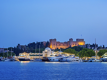 Palace of the Grand Master of the Knights of Rhodes at dusk, UNESCO World Heritage Site, Medieval Old Town, Rhodes City, Rhodes Island, Dodecanese, Greek Islands, Greece, Europe