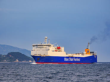 Blue Star ferry arriving at the port in Samos Town, Samos Island, North Aegean, Greek Islands, Greece, Europe